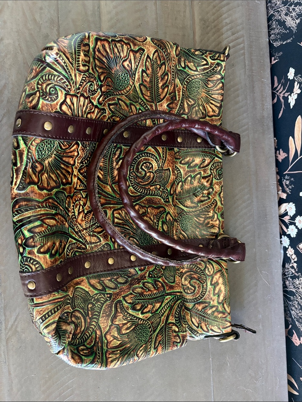 Patricia Nash Artisan Embossed Floral Tote Bag in Green and Brown